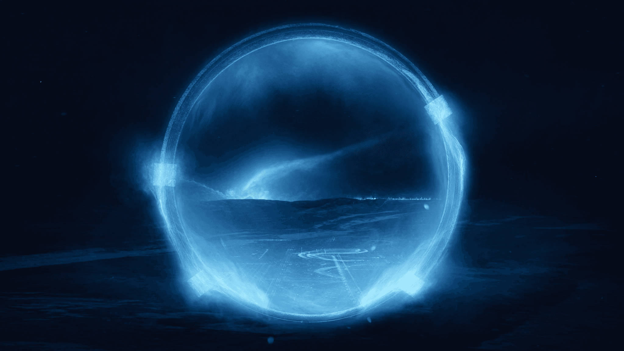 A frosted-glass Alpine portal radiating aurora energy
